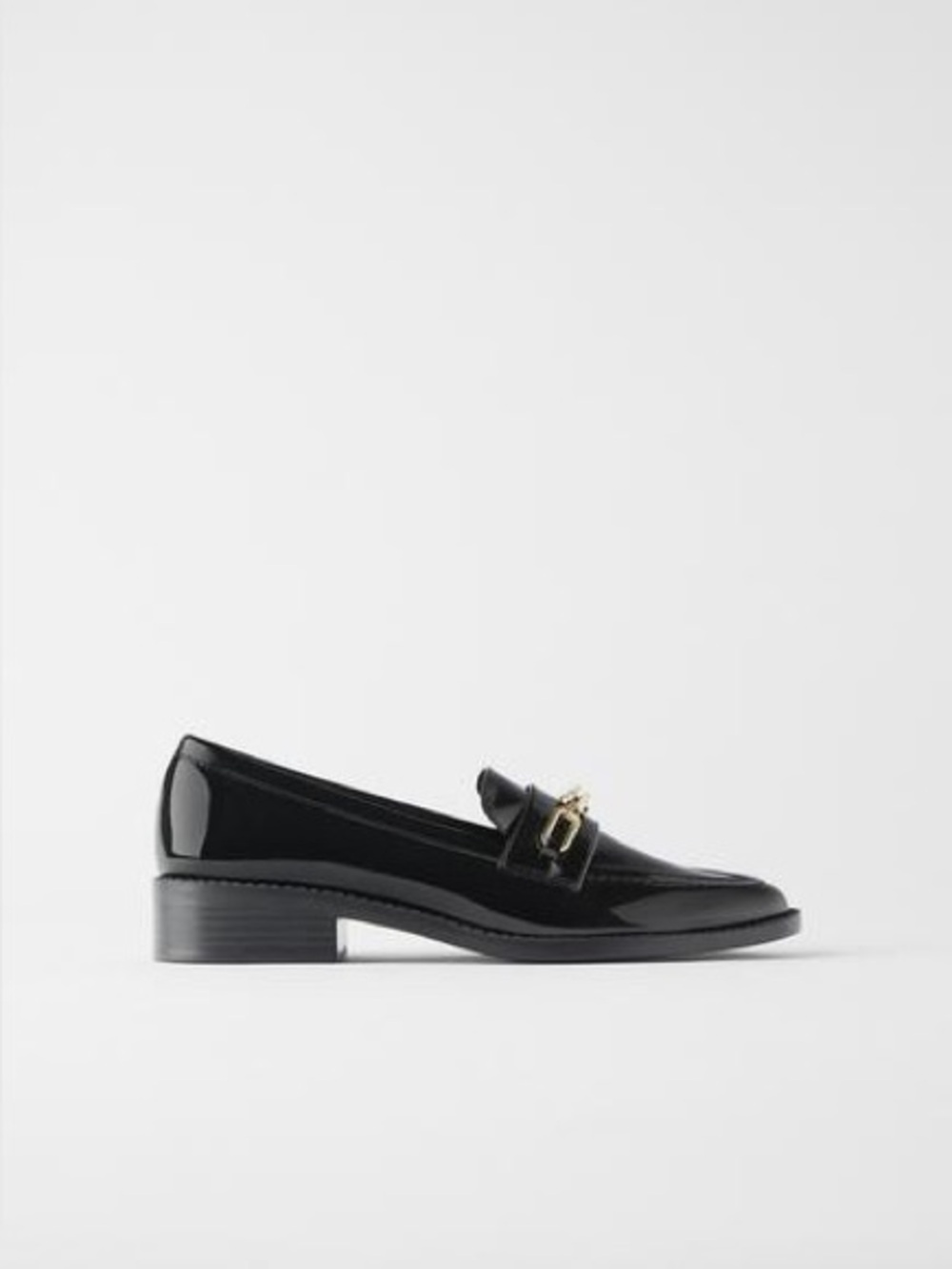Zara Black Patent Leather Loafer with Gold Chain - size US 6